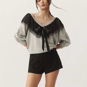 NWT Maeve Gray Top with Black Ruffle and Bow